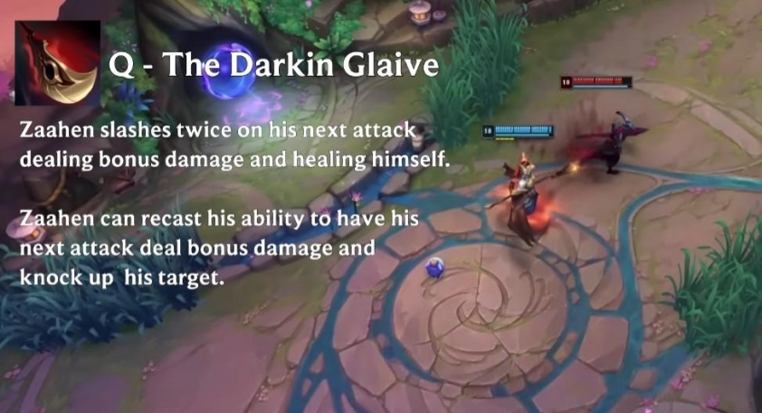Kỹ năng Q của Zaahen Đòn đánh hai lần, gây sát thương và hồi máu