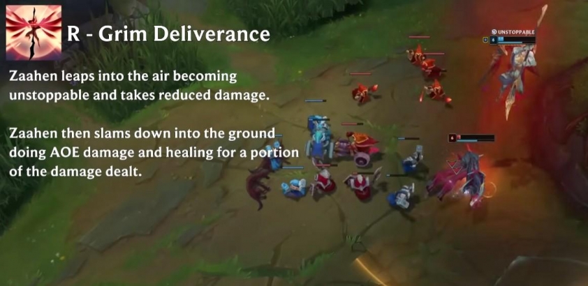 Kỹ năng R của Zaahen Zaahen nhảy lên và dậm đất gây sát thương, hồi máu