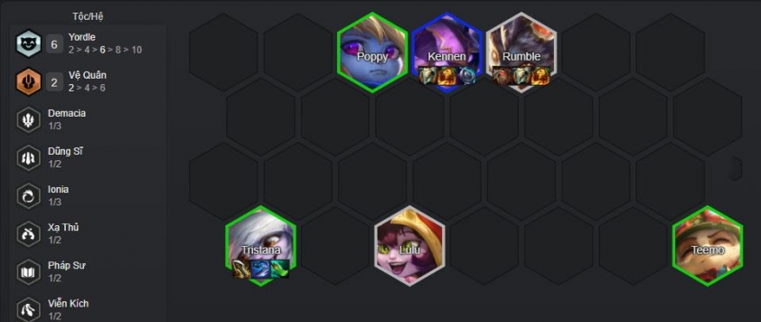 Giai đoạn giữa game khi reroll cấp 6 Mở khóa và nâng cấp Kennen, Poppy, Tristana lên 3 sao